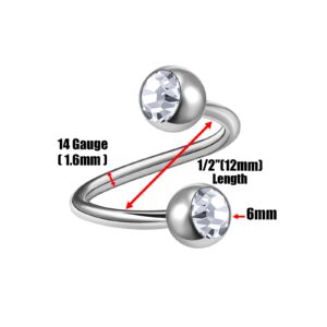 bodyjewellery 14g 1/2 Surgical Steel eyebrow lip navel bar ear tragus twister ring spiral barbell 6mm balls Clear Piercing 2Pcs AMAM