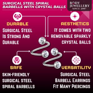 bodyjewellery 14g 1/2 Surgical Steel eyebrow lip navel bar ear tragus twister ring spiral barbell 6mm balls Clear Piercing 2Pcs AMAM