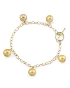 the pearl source 14k gold 9-10mm round genuine golden south sea cultured pearl dangling tincup bracelet for women