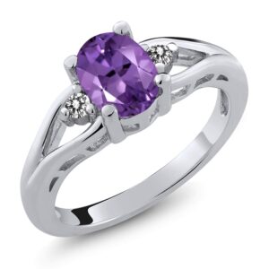 gem stone king 925 sterling silver purple amethyst and white diamond 3 stone engagement ring for women | 1.16 cttw | oval 8x6mm | round 2mm | gemstone february birthstone | size 7