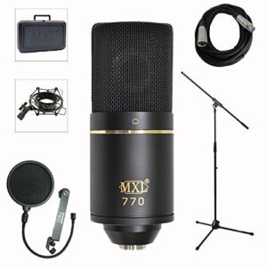 mxl 770 professional studio condenser mic + mic stand + pop filter + xlr cable bundle