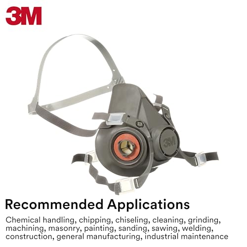 3M Half Facepiece Reusable Respirator 6100, NIOSH, Four-Point Harness, Comfortable Fit, Dual Airline Supplied Air Compatible, Bayonet Connections, Painting, Sanding, Cleaning, Small