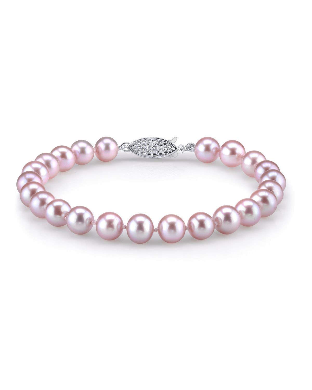 The Pearl Source 14K Gold 7-8mm AAA Quality Round Pink Freshwater Cultured Pearl Bracelet for Women