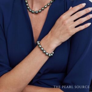 The Pearl Source 14K Gold 10-11mm Round Genuine Black Tahitian South Sea Cultured Pearl Bracelet for Women