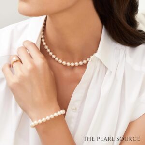 The Pearl Source 14K Gold 6-6.5mm Round White Japanese Akoya Saltwater Cultured Pearl Bracelet for Women