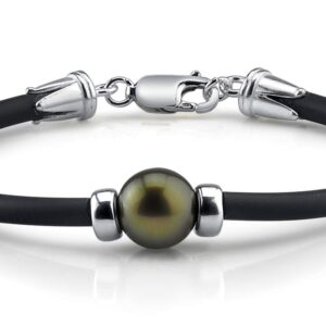 The Pearl Source Pearl Bracelet 11-12mm Black Tahitian Pearl with Rubber Band and Sterling Silver Clasp