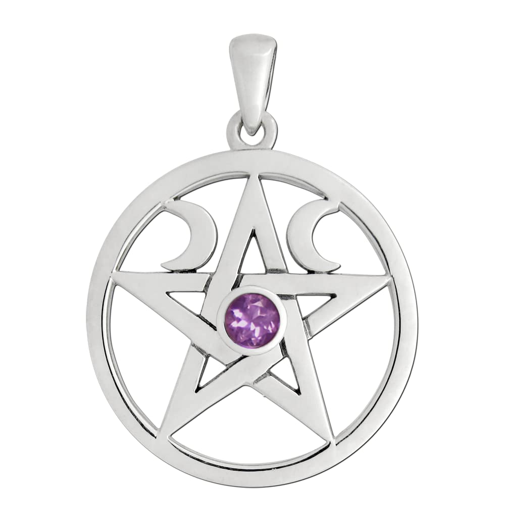 Moonlight Mysteries Triple Moon Pentagram Pendant - Sterling Silver Wiccan Pagan Amethyst Pentacle Charm