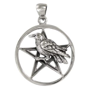 moonlight mysteries raven crow pentacle pendant - sterling silver wiccan pagan pentagram jewelry - 1 inch