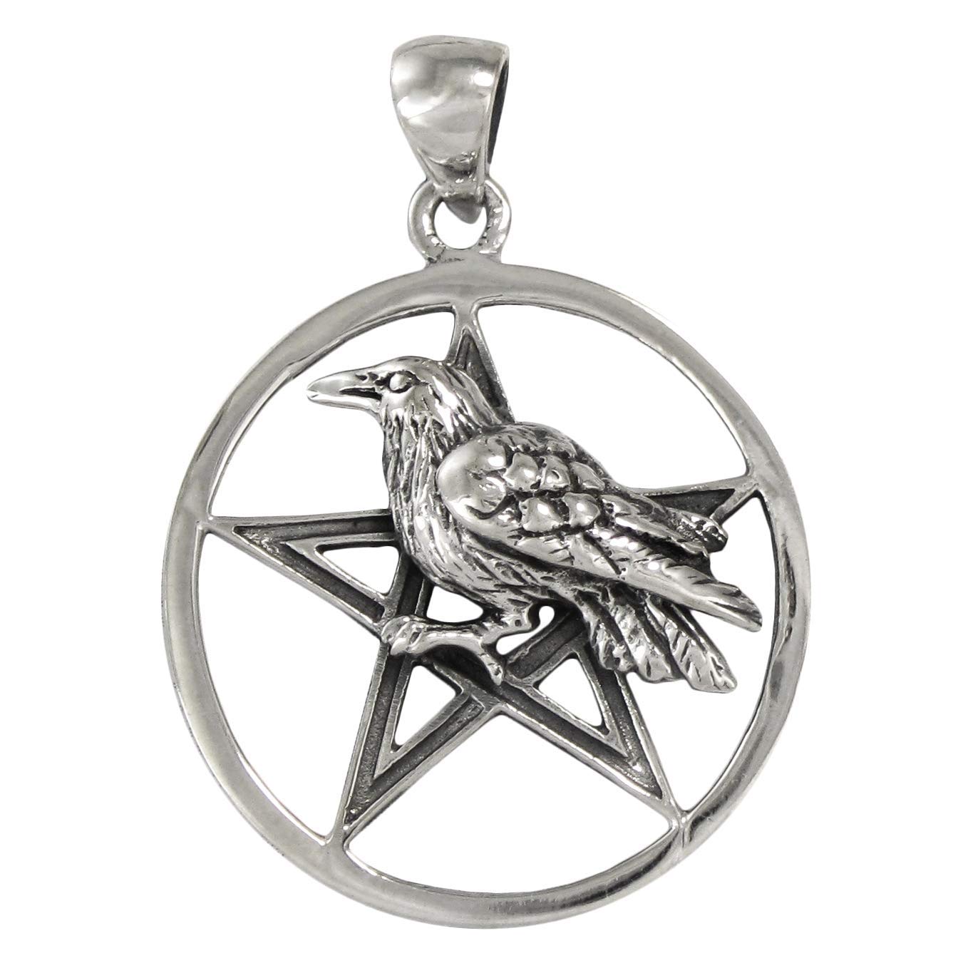 Moonlight Mysteries Raven Crow Pentacle Pendant - Sterling Silver Wiccan Pagan Pentagram Jewelry - 1 Inch