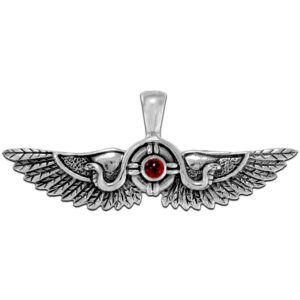 moonlight mysteries sterling silver egyptian winged sun disk pendant jewelry featuring snakes and natural garnet - 1 3/4 inch wide