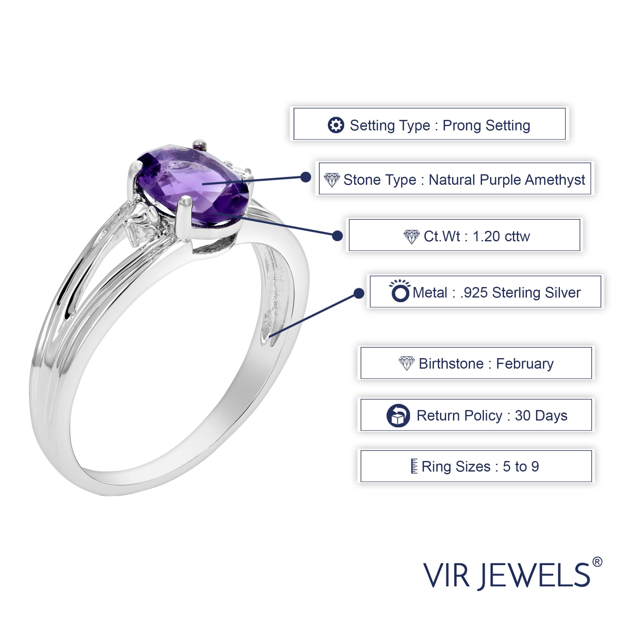 VIR JEWELS 1.20 cttw Purple Amethyst Ring .925 Sterling Silver with Rhodium Oval 8x6 MM Size 9