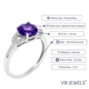 VIR JEWELS 1.20 cttw Purple Amethyst Ring .925 Sterling Silver Rhodium Round Beads 7 MM Size 7