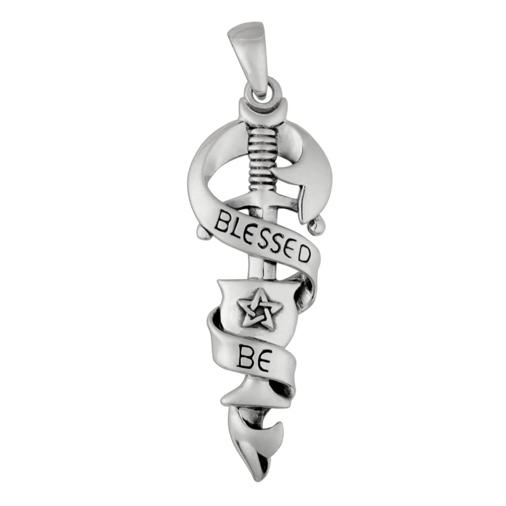 Dryad Design Wiccan Pentagram Pendant Blessed Be Jewelry 1.5" (3.8 cm) long - Sterling Silver Chalice & Blade Pendant for Men & Women