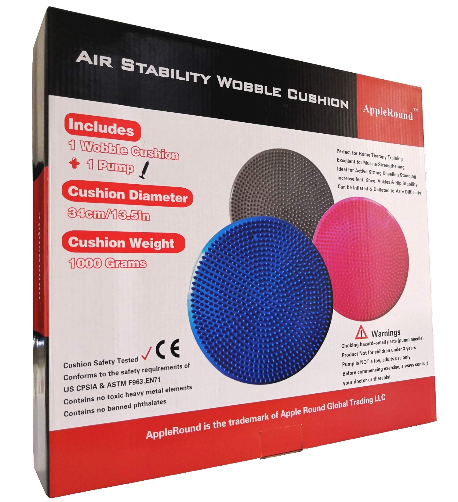 AppleRound Air Stability Wobble Cushion, Blue, 34cm/13.5in Diameter, Balance Disc, Pump Included