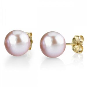 THE PEARL SOURCE Round Pink Freshwater Real Pearl Earrings for Women - 14k Gold Stud Earrings | Hypoallergenic Earrings with Genuine Cultured Pearls, 7.0-7.5mm