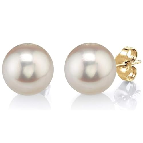 THE PEARL SOURCE Round White Freshwater Real Pearl Earrings in AAAA Quality for Women - 14k Gold Stud Earrings | Hypoallergenic Earrings with Genuine Cultured Pearls, 9.0-9.5mm