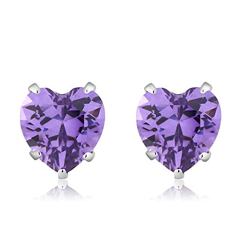 Gem Stone King 925 Sterling Silver Purple CZ Stud Earrings For Women | 3.00 Cttw | 6MM Heart Shape