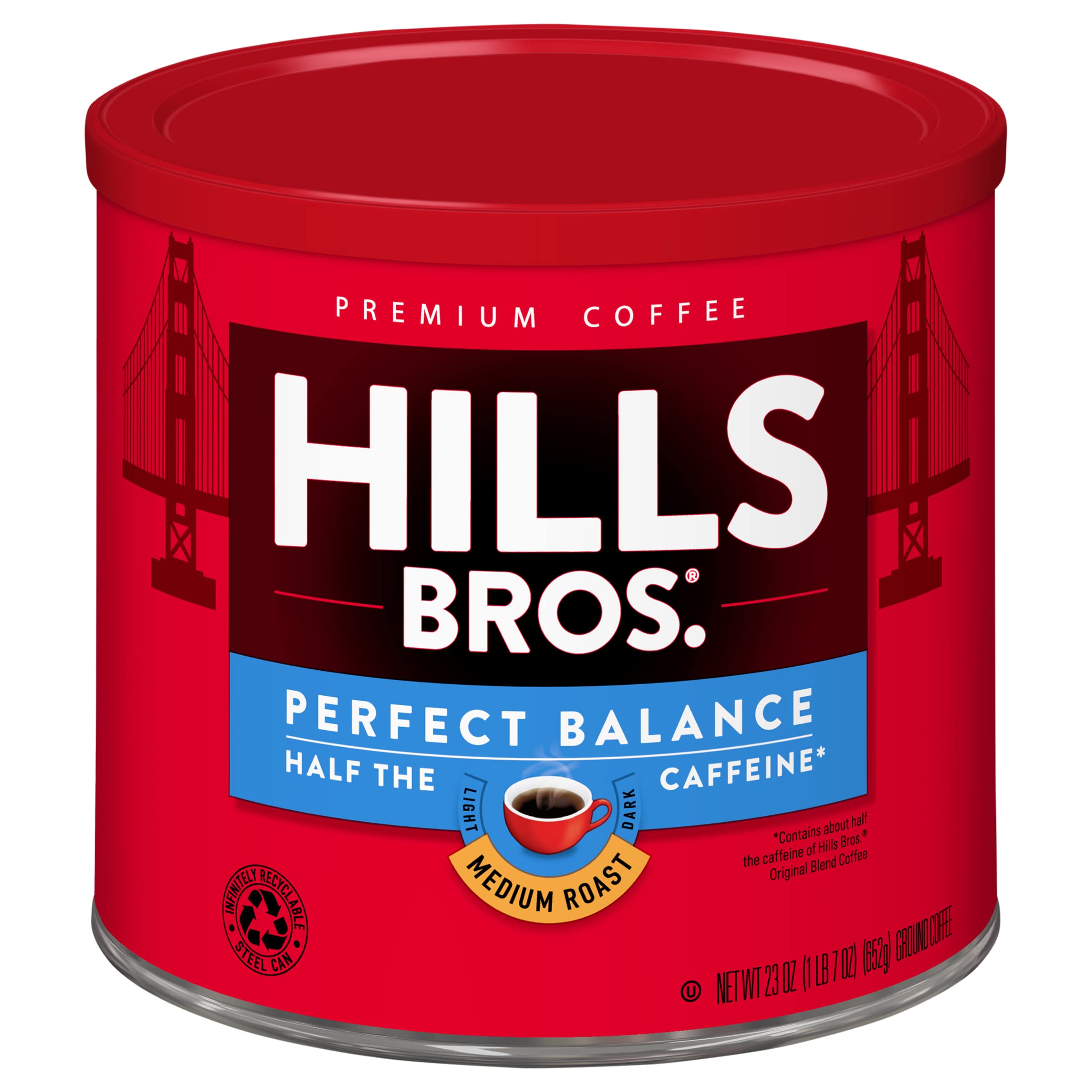 Hills Bros Perfect Balance Ground Coffee, Medium Roast,Full-Bodied Classic Rich Taste, Half the Caffeine, 23 Oz