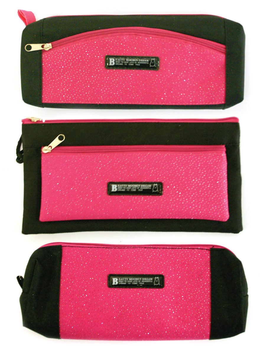 Just Stationery Assorted Shaped Glitter Pencil Case - Pink/Black