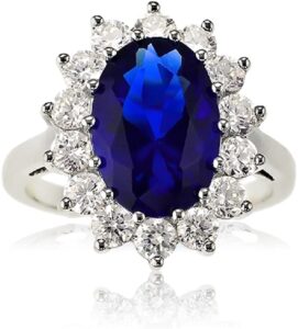 sterling silver large oval created blue sapphire and clear cubic zirconia statement bridal engagement princess diana/kate middleton ring (size 9)