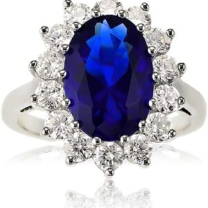 Sterling Silver Large Oval Created Blue Sapphire and Clear Cubic Zirconia Statement Bridal Engagement Princess Diana/Kate Middleton Ring (Size 9)