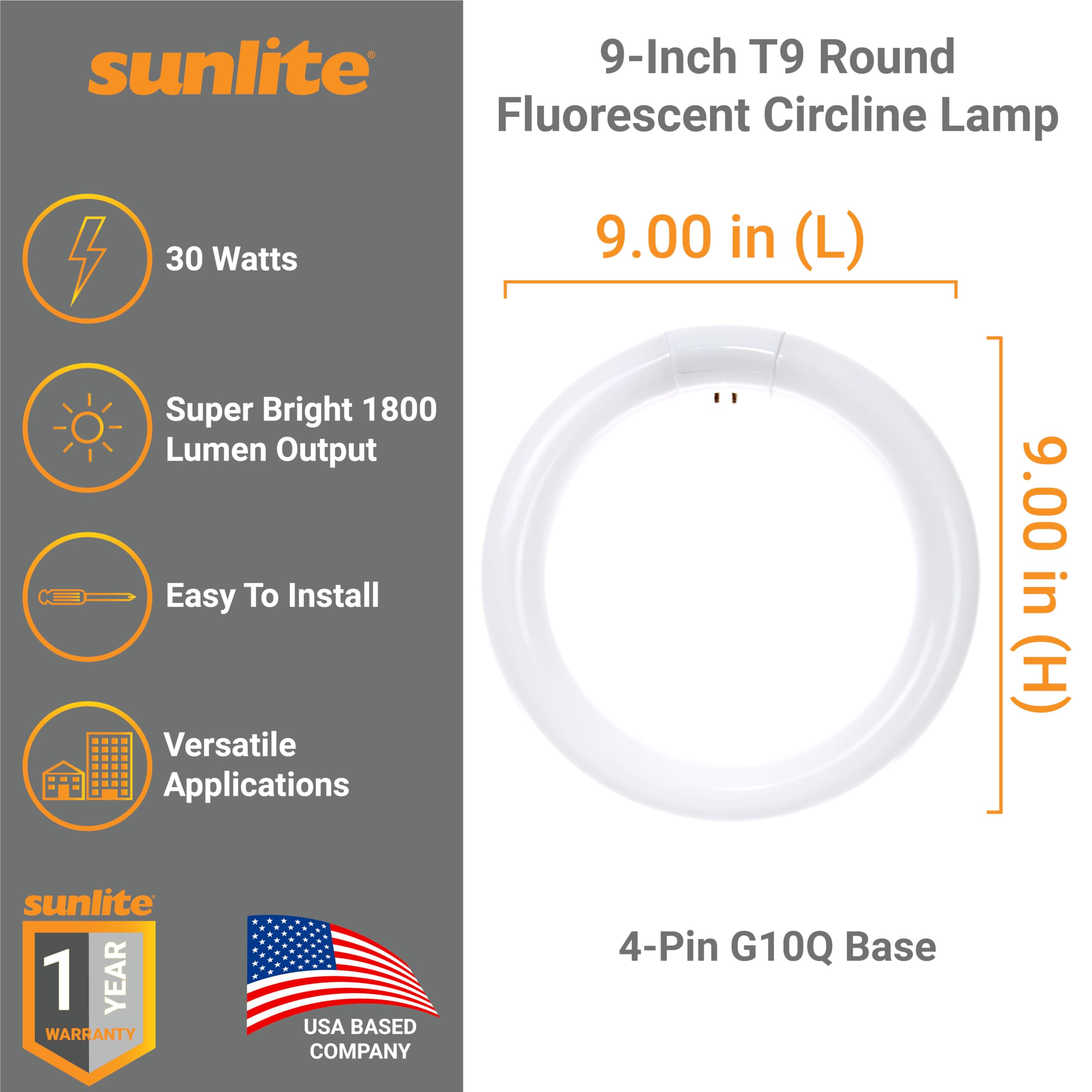 Sunlite FCL30/50K T9 Round Fluorescent Circline Lamp, 30 Watts, 1800 Lumens, 5000K Daylight, 10000 Rated Hours, RoHS Compliant, G10Q 4-Pin Base, 1 Pack