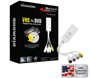 diamond multimedia vc500mac usb 2.0 one touch vhs to dvd video capture device with easy to use software, convert, edit and save to digital files for macos