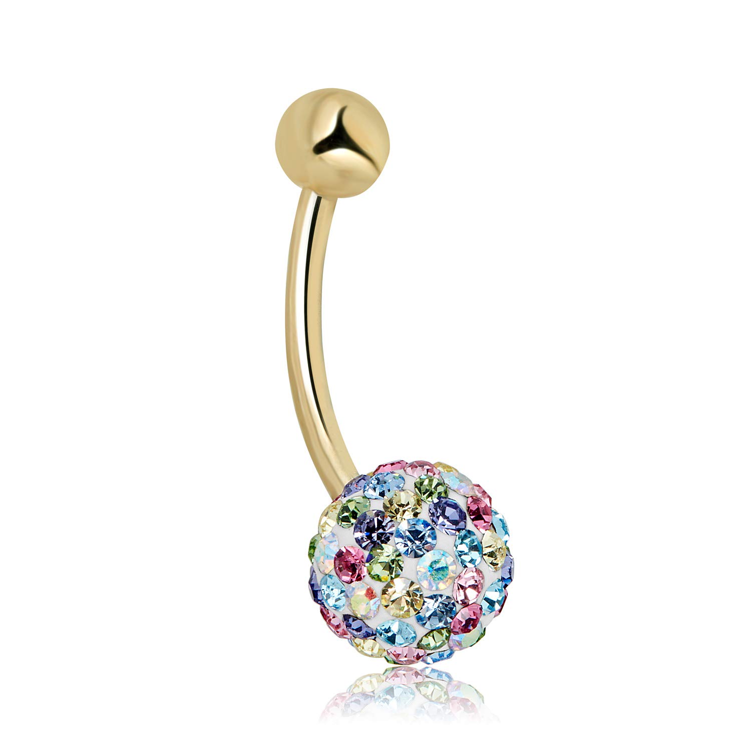 AVORA 10K Yellow Gold Multi-color Swarovski Elements Crystal Ball Belly Button Ring Body Jewelry (14 Gauge)