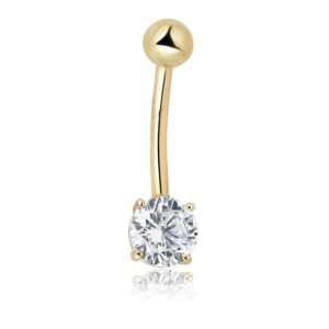 AVORA 10K Yellow Gold Simulated Diamond CZ Solitaire Belly Button Ring Body Jewelry (14 Gauge)