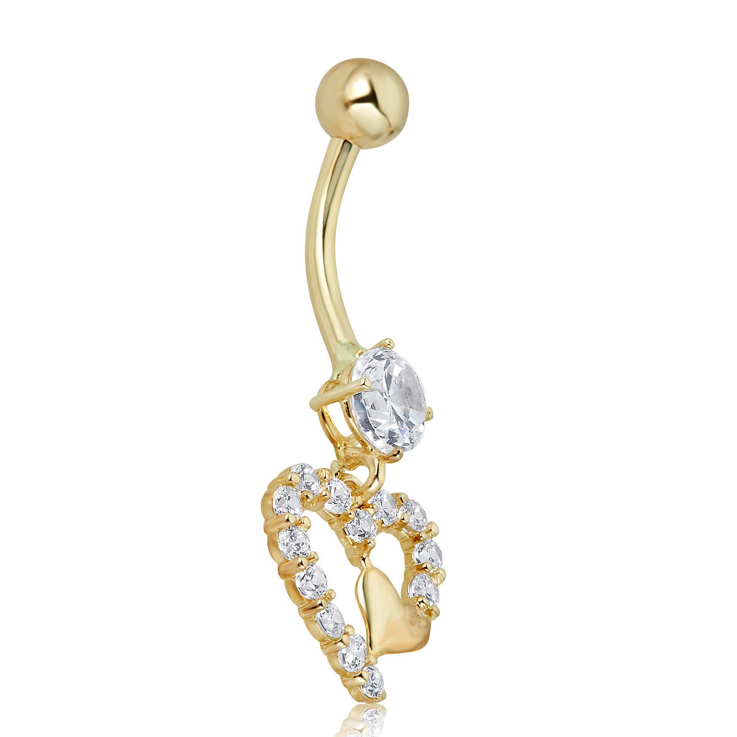 AVORA 10K Yellow Gold Simulated Diamond CZ Dangling Double Heart Belly Button Ring Body Jewelry (14 Gauge)