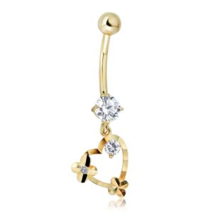 AVORA 10K Yellow Gold Simulated Diamond CZ Dangling Heart Belly Button Ring Body Jewelry (14 Gauge)