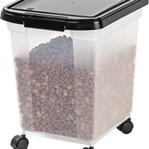 IRIS USA WeatherPro Airtight Dog Food Storage Container, Up to 25 lbs, Removable Wheels, for Dog Cat Bird and Other Pet Food Storage Bin, Keep Fresh, Translucent Body, Clear/Black