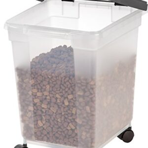 IRIS USA WeatherPro Airtight Dog Food Storage Container, Up to 25 lbs, Removable Wheels, for Dog Cat Bird and Other Pet Food Storage Bin, Keep Fresh, Translucent Body, Clear/Black