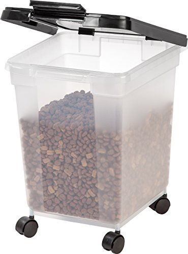 IRIS USA WeatherPro Airtight Dog Food Storage Container, Up to 25 lbs, Removable Wheels, for Dog Cat Bird and Other Pet Food Storage Bin, Keep Fresh, Translucent Body, Clear/Black