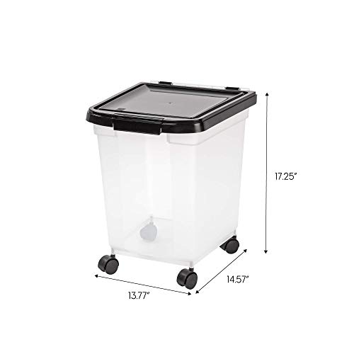 IRIS USA WeatherPro Airtight Dog Food Storage Container, Up to 25 lbs, Removable Wheels, for Dog Cat Bird and Other Pet Food Storage Bin, Keep Fresh, Translucent Body, Clear/Black