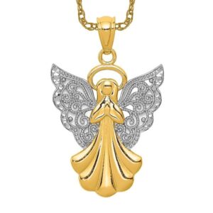 IceCarats 14K Yellow Gold Antique Filigree Guardian Angel Necklace Protect Us Cherub Pendant Religious Charm Only