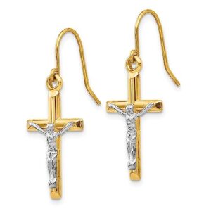 14k two tone gold lord jesus christ crucifix holy hanging cross christian religious drop dangle earrings