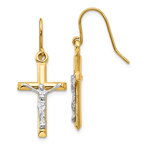 14K Two Tone Gold Lord Jesus Christ Crucifix Holy Hanging Cross Christian Religious Drop Dangle Earrings