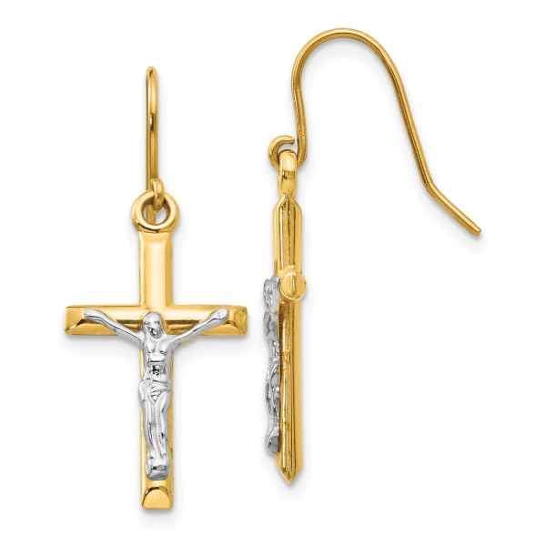 14K Two Tone Gold Lord Jesus Christ Crucifix Holy Hanging Cross Christian Religious Drop Dangle Earrings