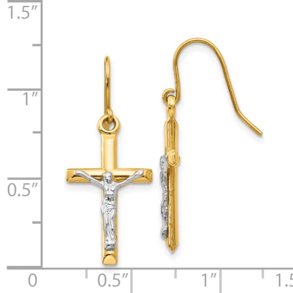 14K Two Tone Gold Lord Jesus Christ Crucifix Holy Hanging Cross Christian Religious Drop Dangle Earrings