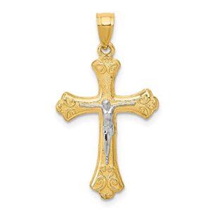 IceCarats 10K Yellow Gold French Fleur De Lis Lily Flower Lord Jesus Christ Crucifix Holy Cross Necklace Religious Pendant Charm 30mm x 16mm Only