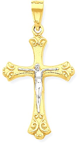 IceCarats 10K Yellow Gold French Fleur De Lis Lily Flower Lord Jesus Christ Crucifix Holy Cross Necklace Religious Pendant Charm 30mm x 16mm Only