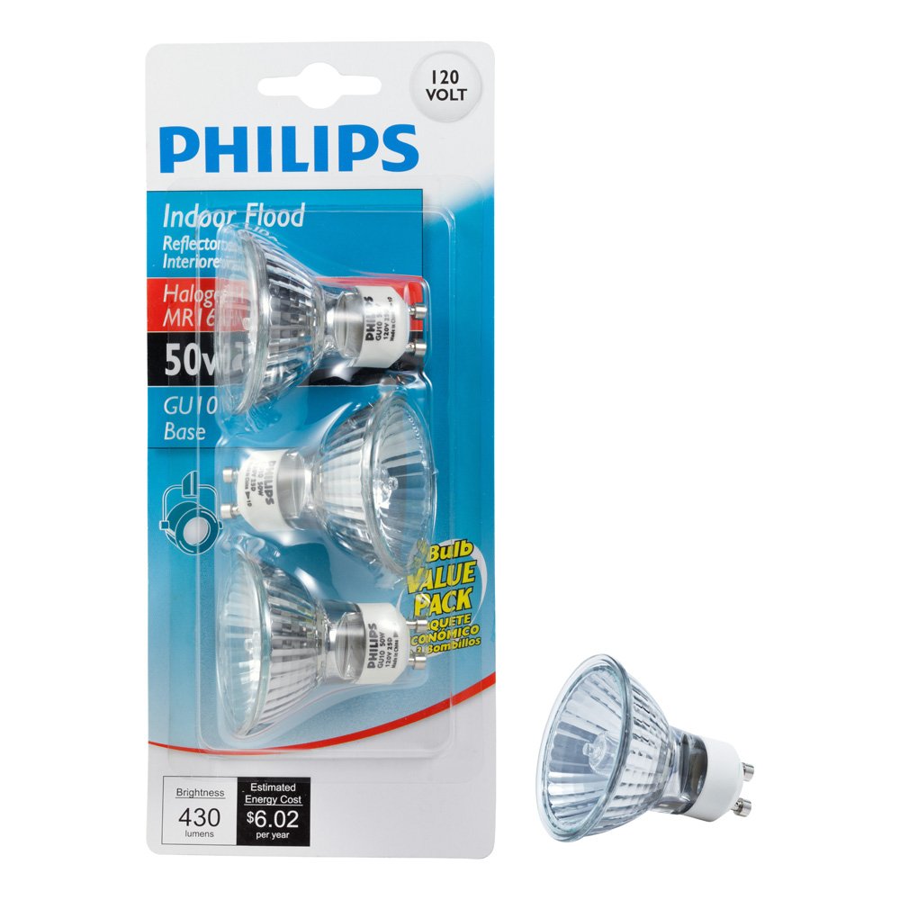 Philips LED 415794 Indoor Flood 50-Watt MR16 GU10 Base 120-Volt Light Bulb, 3-Pack