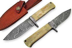 knife king handmade damascus hunting knife-natural bone handle-9" fixed blade knife with leather sheath-master quality edc survival knife-camping knife ideal gift for men and women