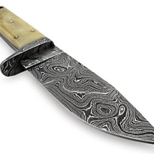 Knife King Handmade Damascus Hunting Knife-Natural Bone Handle-9" Fixed Blade Knife with Leather Sheath-Master Quality EDC Survival Knife-Camping Knife Ideal Gift for Men and Women