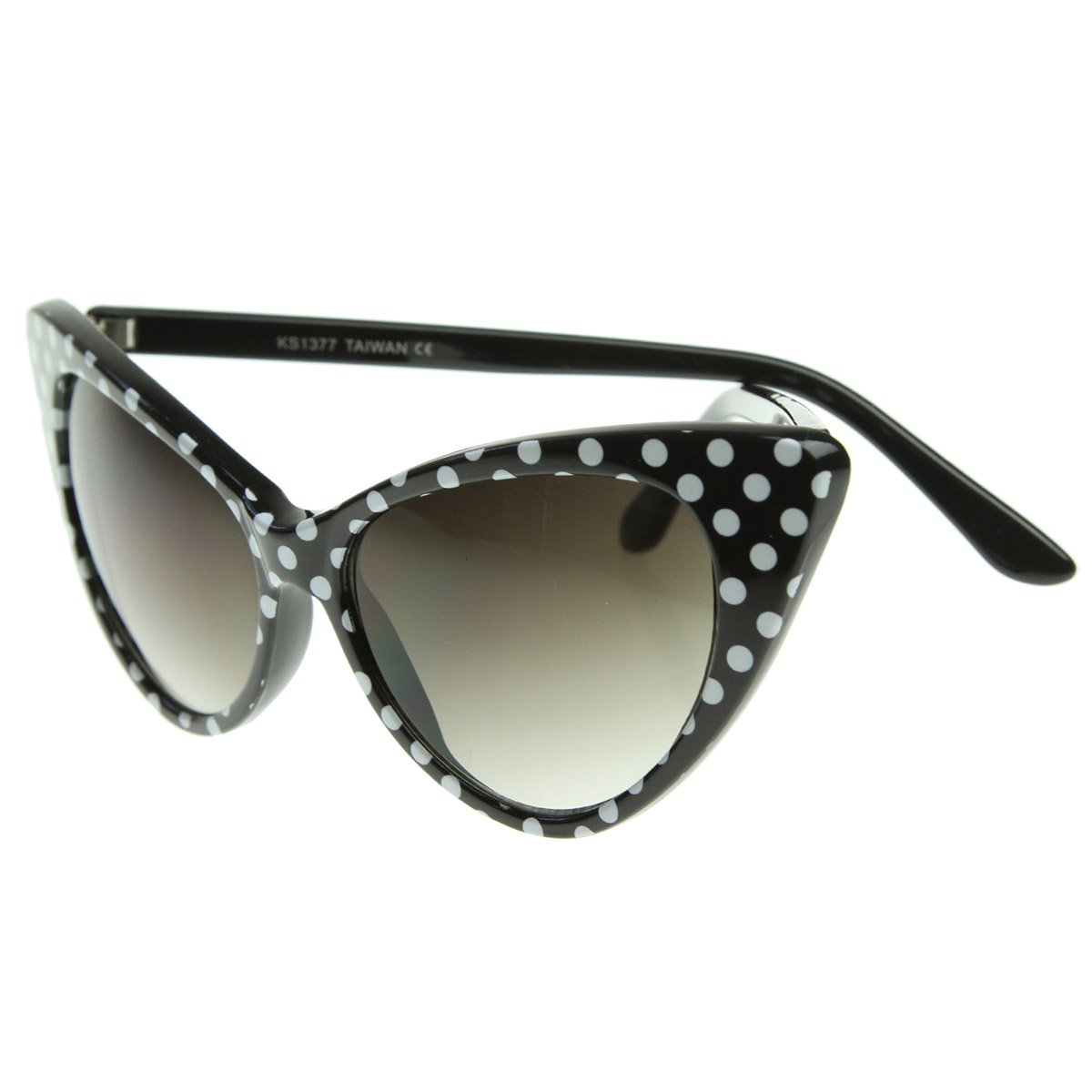 zeroUV - Polka Dot Cat Eye Womens Mod Fashion Super Cat Sunglasses (Black-White/Smoke Gradient)