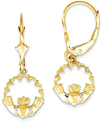 14K Yellow Gold Heart Love Irish Claddagh Celtic Circle Round Drop Dangle Earrings Jewelry