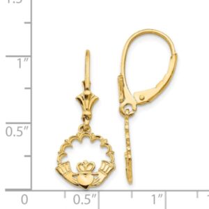 14K Yellow Gold Heart Love Irish Claddagh Celtic Circle Round Drop Dangle Earrings Jewelry