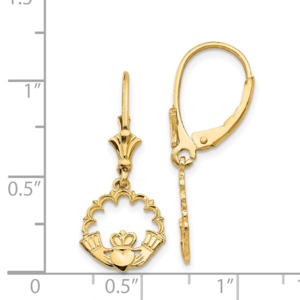 14K Yellow Gold Heart Love Irish Claddagh Celtic Circle Round Drop Dangle Earrings Jewelry