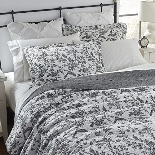 Laura Ashley Quilts Cotton Reversible Bedding with Matching Shams, Floral Home Decor for All Seasons, King, Amberley Black/White